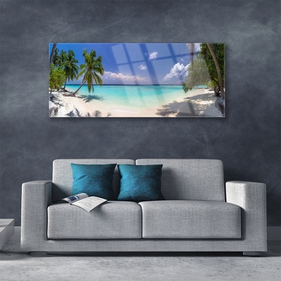 Tableaux sur verre acrylique Mer plage palmiers paysage blanc bleu vert brun