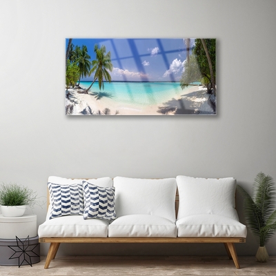 Tableaux sur verre acrylique Mer plage palmiers paysage blanc bleu vert brun