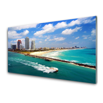 Tableaux sur verre acrylique Mer plage ville paysage bleu brun gris