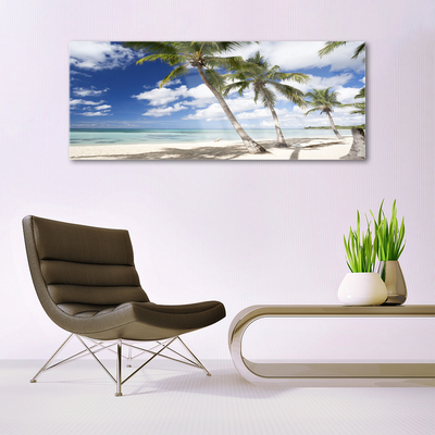 Tableaux sur verre acrylique Mer plage palmiers paysage bleu brun vert