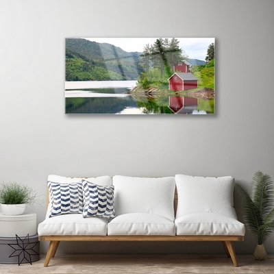 Tableaux sur verre acrylique Montagne arbres lac paysage brun vert gris blanc