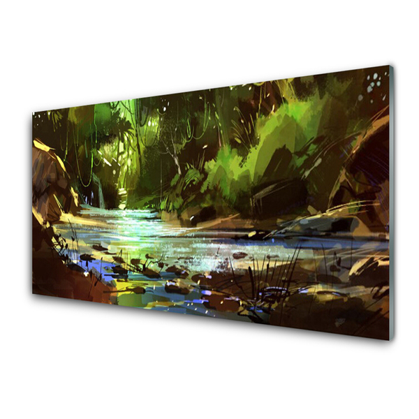 Tableaux sur verre acrylique Forêt lac pierres nature vert brun bleu