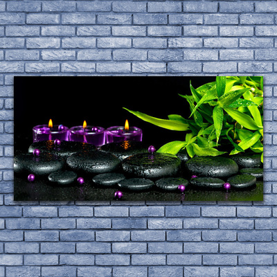 Tableaux sur verre acrylique Bougie pierres feuilles art noir vert violet