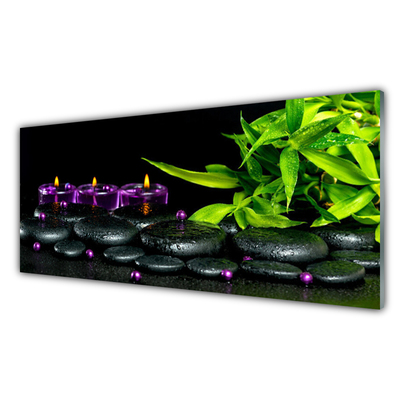 Tableaux sur verre acrylique Bougie pierres feuilles art noir vert violet
