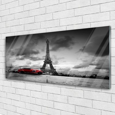 Tableaux sur verre acrylique Tour eiffel voiture architecture rouge gris