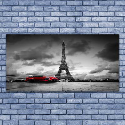 Tableaux sur verre acrylique Tour eiffel voiture architecture rouge gris