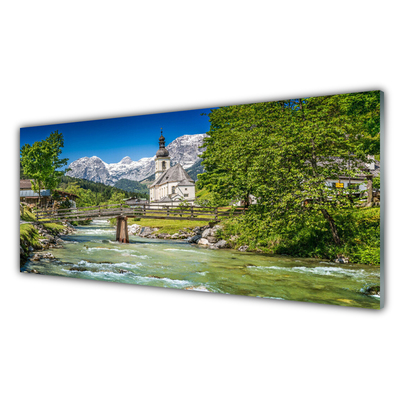 Tableaux sur verre acrylique Eglise pont lac arbres nature vert brun gris blanc