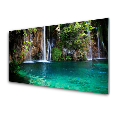 Tableaux sur verre acrylique Lac chute d'eau nature bleu vert