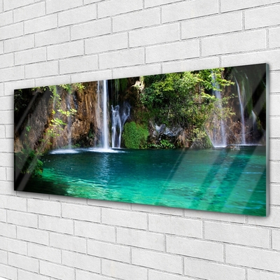 Tableaux sur verre acrylique Lac chute d'eau nature bleu vert