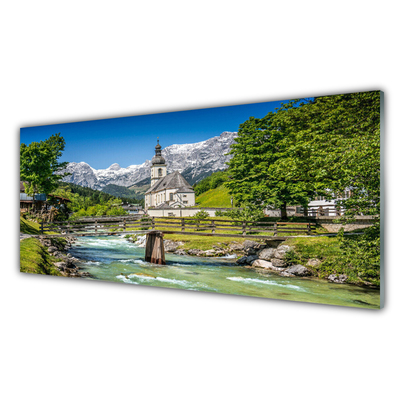 Tableaux sur verre acrylique Eglise pont lac nature vert brun blanc gris
