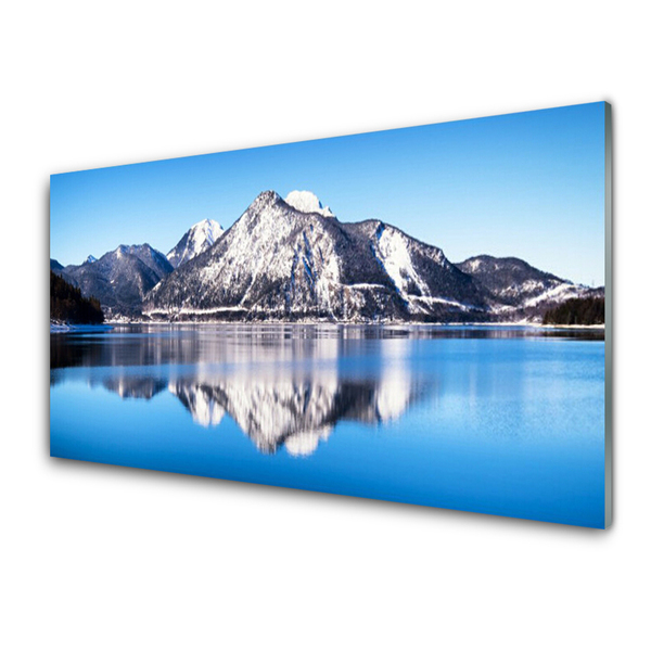 Tableaux sur verre acrylique Lac montagne paysage bleu gris blanc