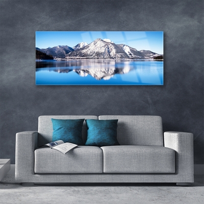 Tableaux sur verre acrylique Lac montagne paysage bleu gris blanc