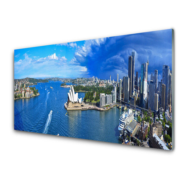 Tableaux sur verre acrylique Mer ville bâtiments bleu gris blanc