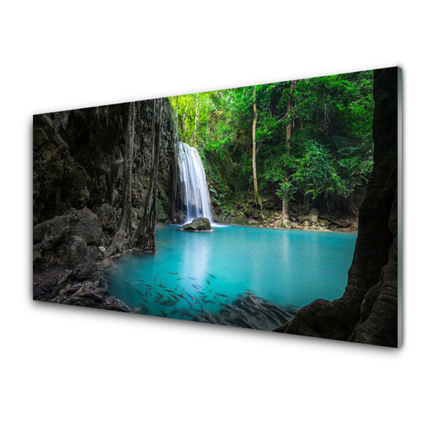 Tableaux sur verre acrylique Lac chute d'eau nature gris bleu vert