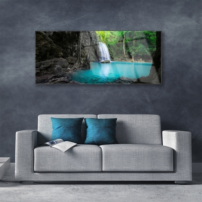 Tableaux sur verre acrylique Lac chute d'eau nature gris bleu vert