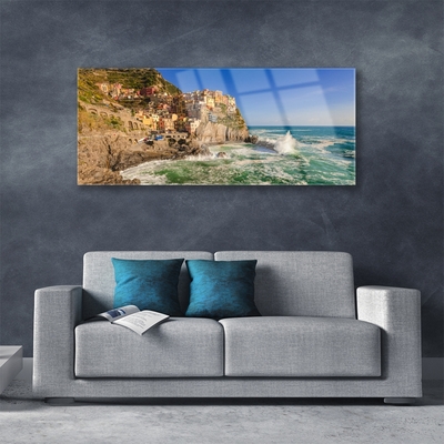 Tableaux sur verre acrylique Mer montagnes paysage brun bleu