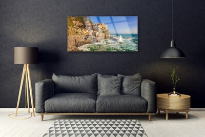 Tableaux sur verre acrylique Mer montagnes paysage brun bleu
