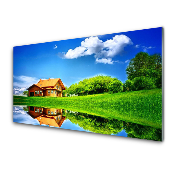 Tableaux sur verre acrylique Maison lac herbe nature brun vert bleu