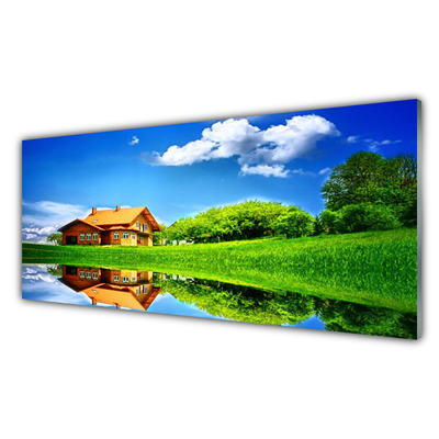 Tableaux sur verre acrylique Maison lac herbe nature brun vert bleu