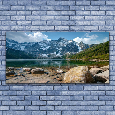 Tableaux sur verre acrylique Montagnes lac pierres paysage gris bleu vert blanc