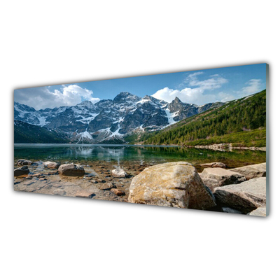 Tableaux sur verre acrylique Montagnes lac pierres paysage gris bleu vert blanc