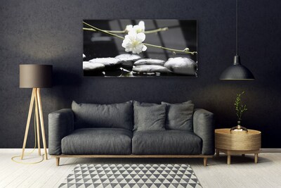 Tableaux sur verre acrylique Fleurs pierres art blanc noir