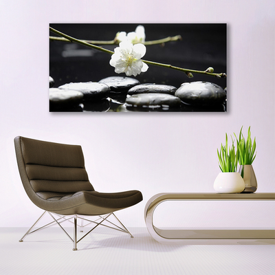 Tableaux sur verre acrylique Fleurs pierres art blanc noir