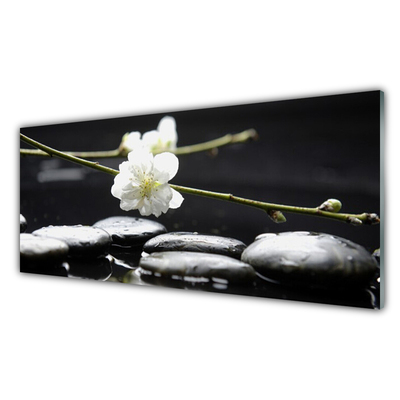 Tableaux sur verre acrylique Fleurs pierres art blanc noir