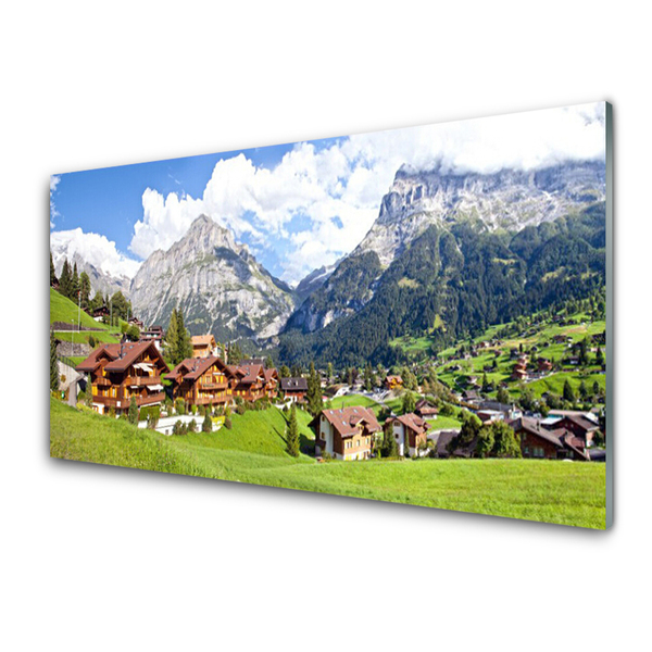 Tableaux sur verre acrylique Maisons montagnes paysage brun gris blanc