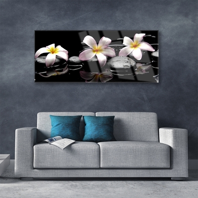 Tableaux sur verre acrylique Fleurs pierres floral blanc jaune noir