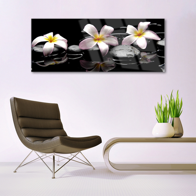 Tableaux sur verre acrylique Fleurs pierres floral blanc jaune noir