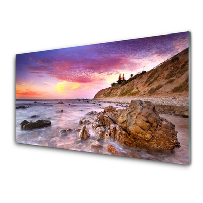 Tableaux sur verre acrylique Pierres mer paysage gris violet rose