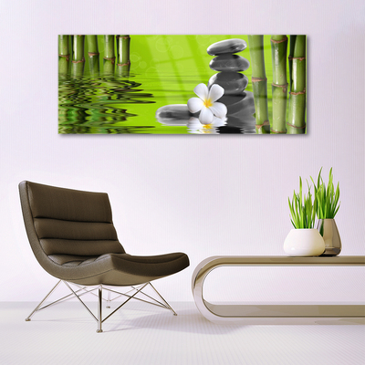 Tableaux sur verre acrylique Bambou fleurs pierres art vert noir blanc