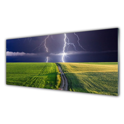 Tableaux sur verre acrylique Champ chemin foudre paysage gris vert violet blanc