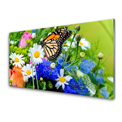 Tableaux sur verre acrylique Fleur papillon nature multicolore