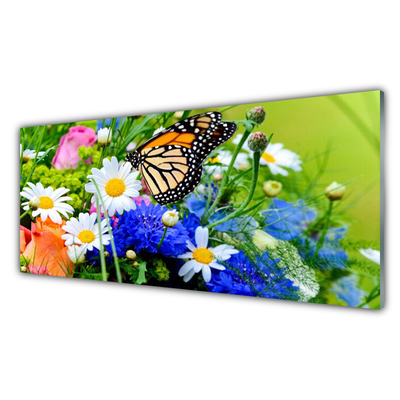 Tableaux sur verre acrylique Fleur papillon nature multicolore