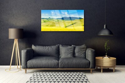 Image sur verre acrylique Montagnes champs paysage vert bleu
