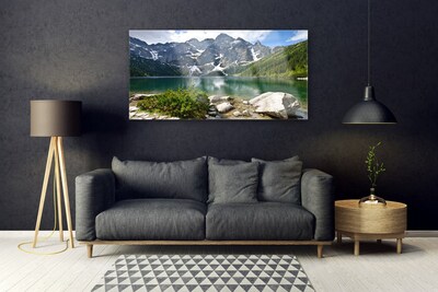 Image sur verre acrylique Lac montagne paysage bleu gris blanc