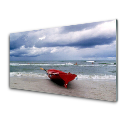 Image sur verre acrylique Mer plage bateau paysage rouge gris bleu