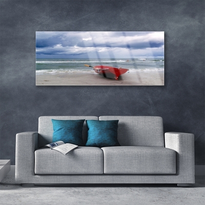 Image sur verre acrylique Mer plage bateau paysage rouge gris bleu