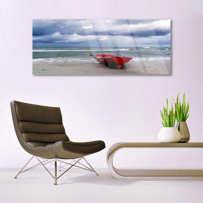 Image sur verre acrylique Mer plage bateau paysage rouge gris bleu