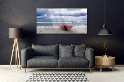 Image sur verre acrylique Mer plage bateau paysage rouge gris bleu