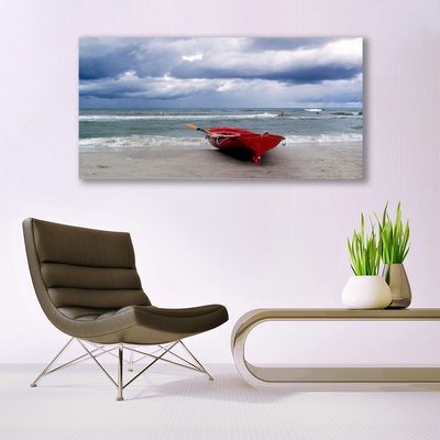 Image sur verre acrylique Mer plage bateau paysage rouge gris bleu