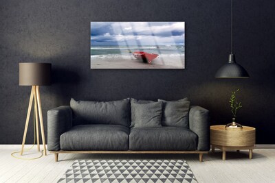 Image sur verre acrylique Mer plage bateau paysage rouge gris bleu