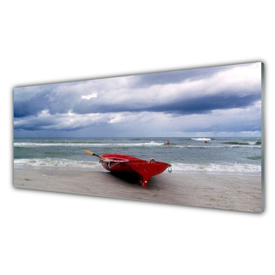 Image sur verre acrylique Mer plage bateau paysage rouge gris bleu