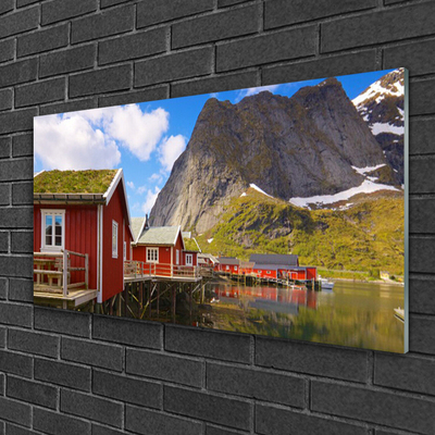 Image sur verre acrylique Maisons lac montagne paysage brun blanc vert gris