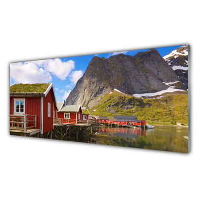 Image sur verre acrylique Maisons lac montagne paysage brun blanc vert gris