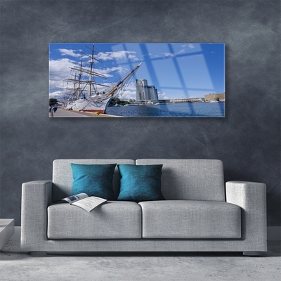 Image sur verre acrylique Bateau mer ville paysage blanc brun bleu