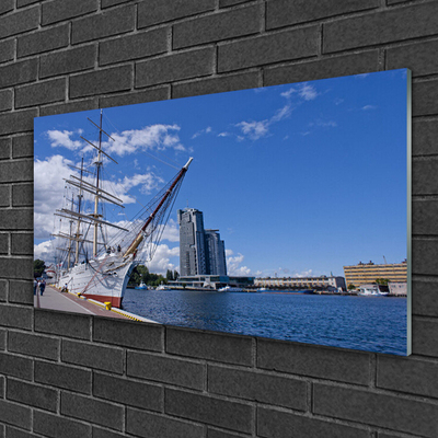 Image sur verre acrylique Bateau mer ville paysage blanc brun bleu