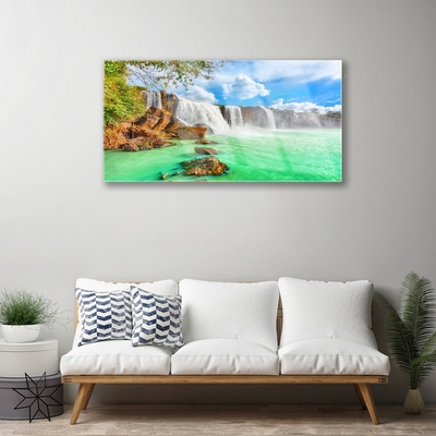 Image sur verre acrylique Chute d'eau lac paysage bleu brun blanc vert
